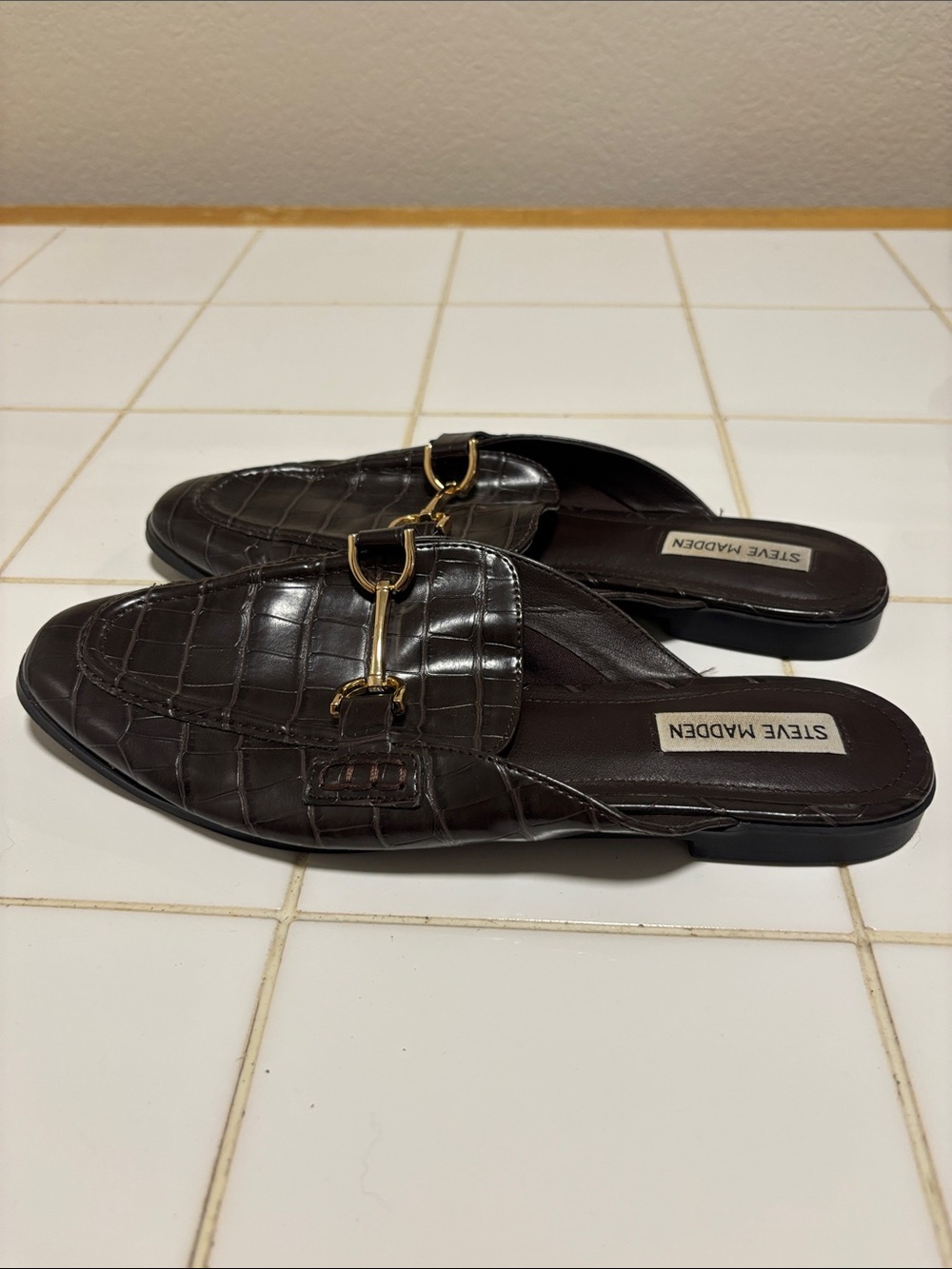 Steve Madden Dark Brown Croc-Embossed Mule Loafers with Gold Hardware